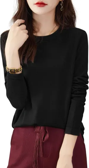 Women's 100% Merino Wool Base Layer Shirt Tops Crewneck Long Sleeve Travel Hiking Tee T Shirt Pullover Sweater