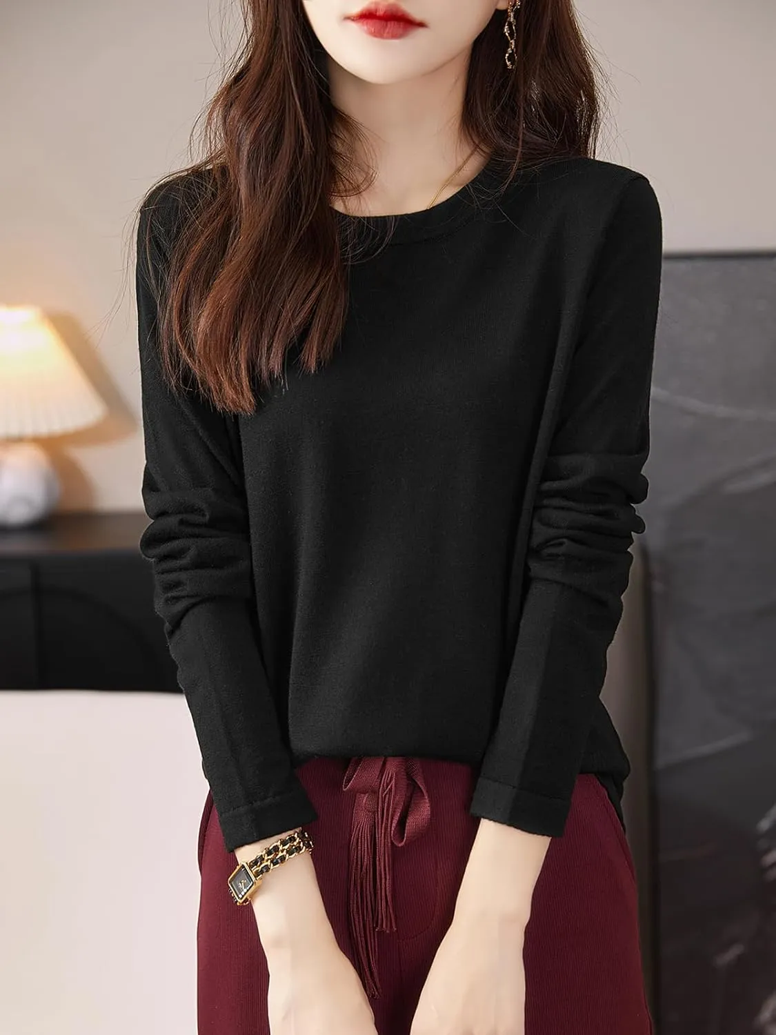 Women's 100% Merino Wool Base Layer Shirt Tops Crewneck Long Sleeve Travel Hiking Tee T Shirt Pullover Sweater