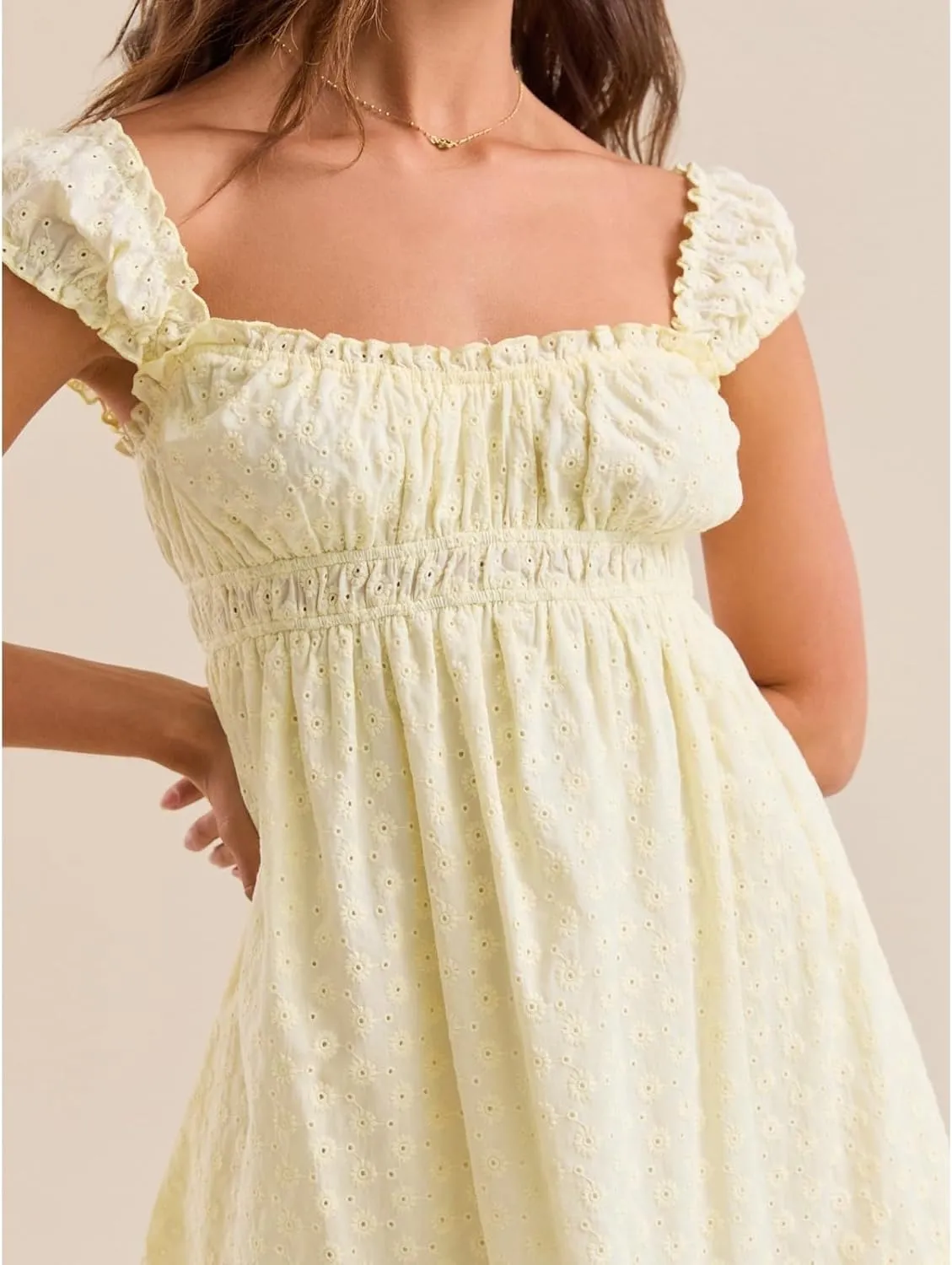 Womens Babydoll Mini Dress Y2K Sleeveless Square Neck Lace A-Line Ruffle Flowy Short Summer Beach Dress