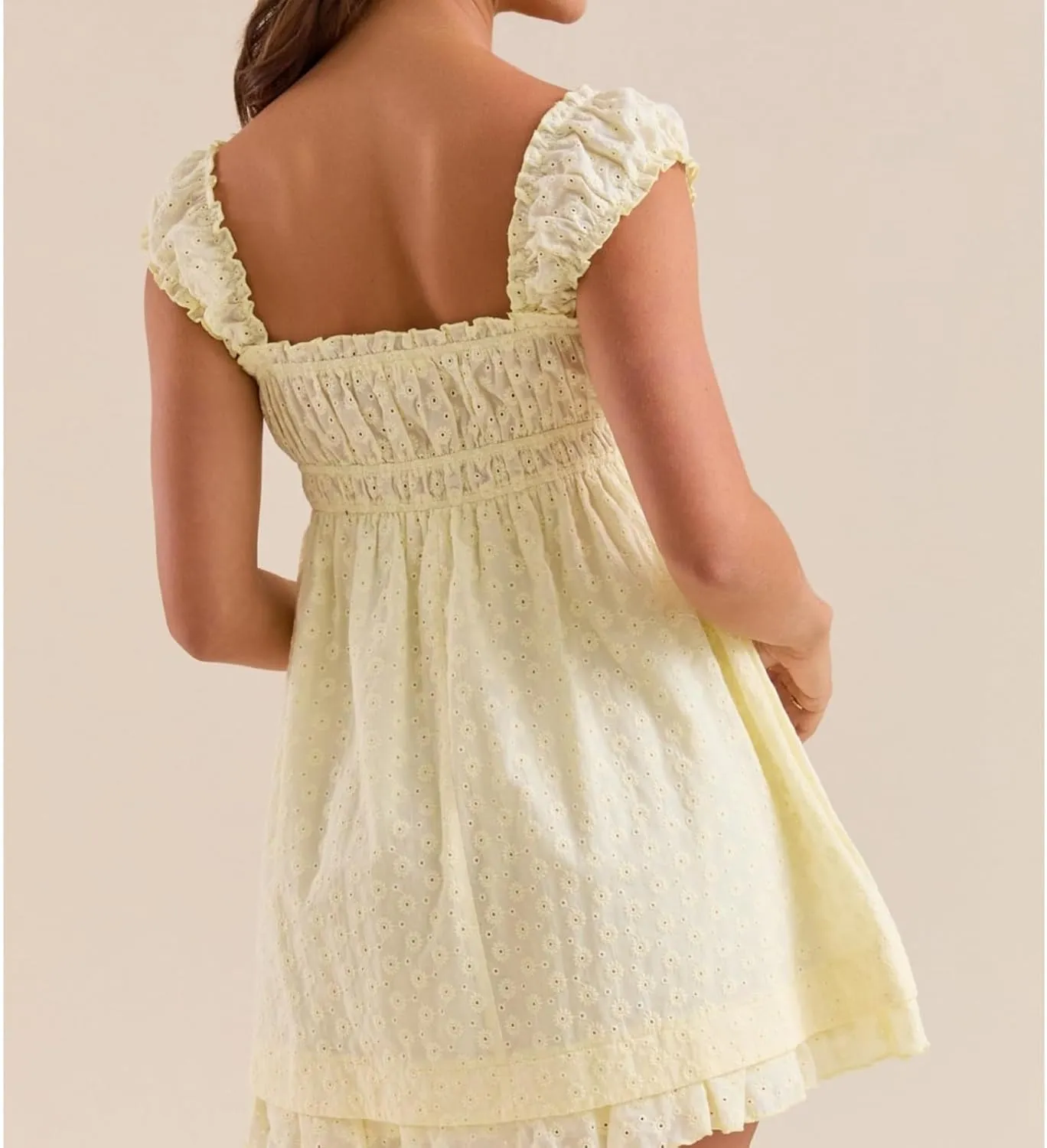Womens Babydoll Mini Dress Y2K Sleeveless Square Neck Lace A-Line Ruffle Flowy Short Summer Beach Dress