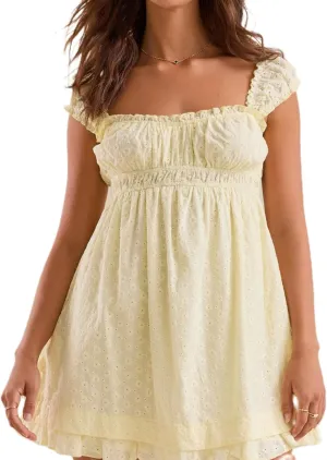 Womens Babydoll Mini Dress Y2K Sleeveless Square Neck Lace A-Line Ruffle Flowy Short Summer Beach Dress