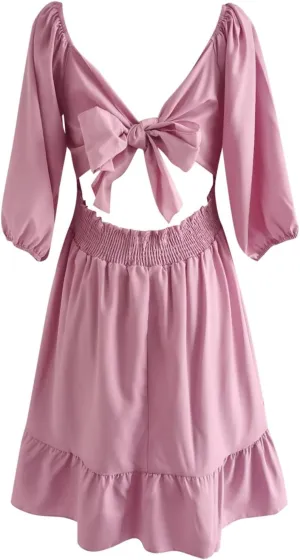 Women's Backless Bow Tie Mini Dress 2025 Summer Boho Short Sleeve Square Neck Sundress Ruffle Casual Beach Dresses