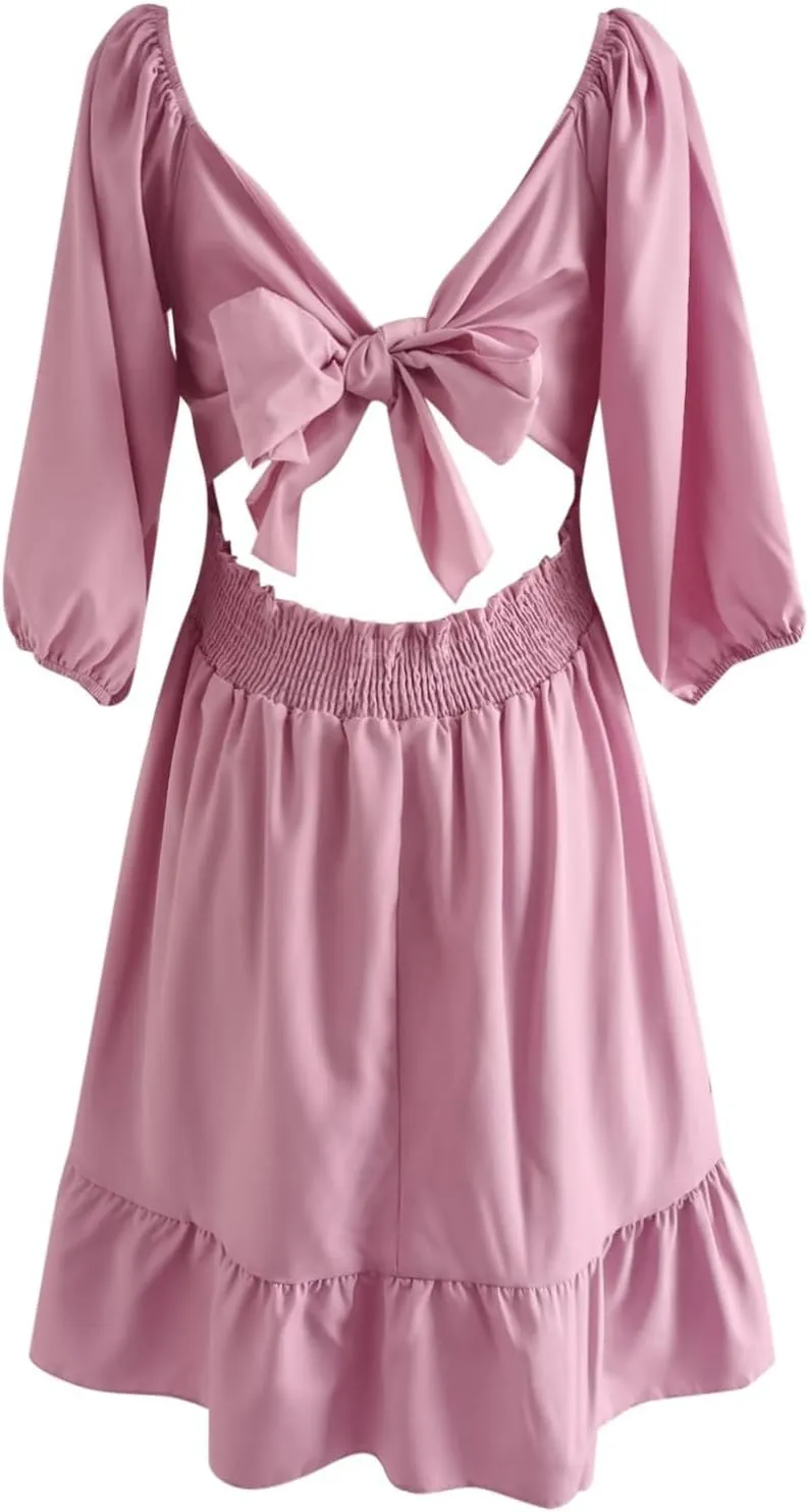 Women's Backless Bow Tie Mini Dress 2025 Summer Boho Short Sleeve Square Neck Sundress Ruffle Casual Beach Dresses