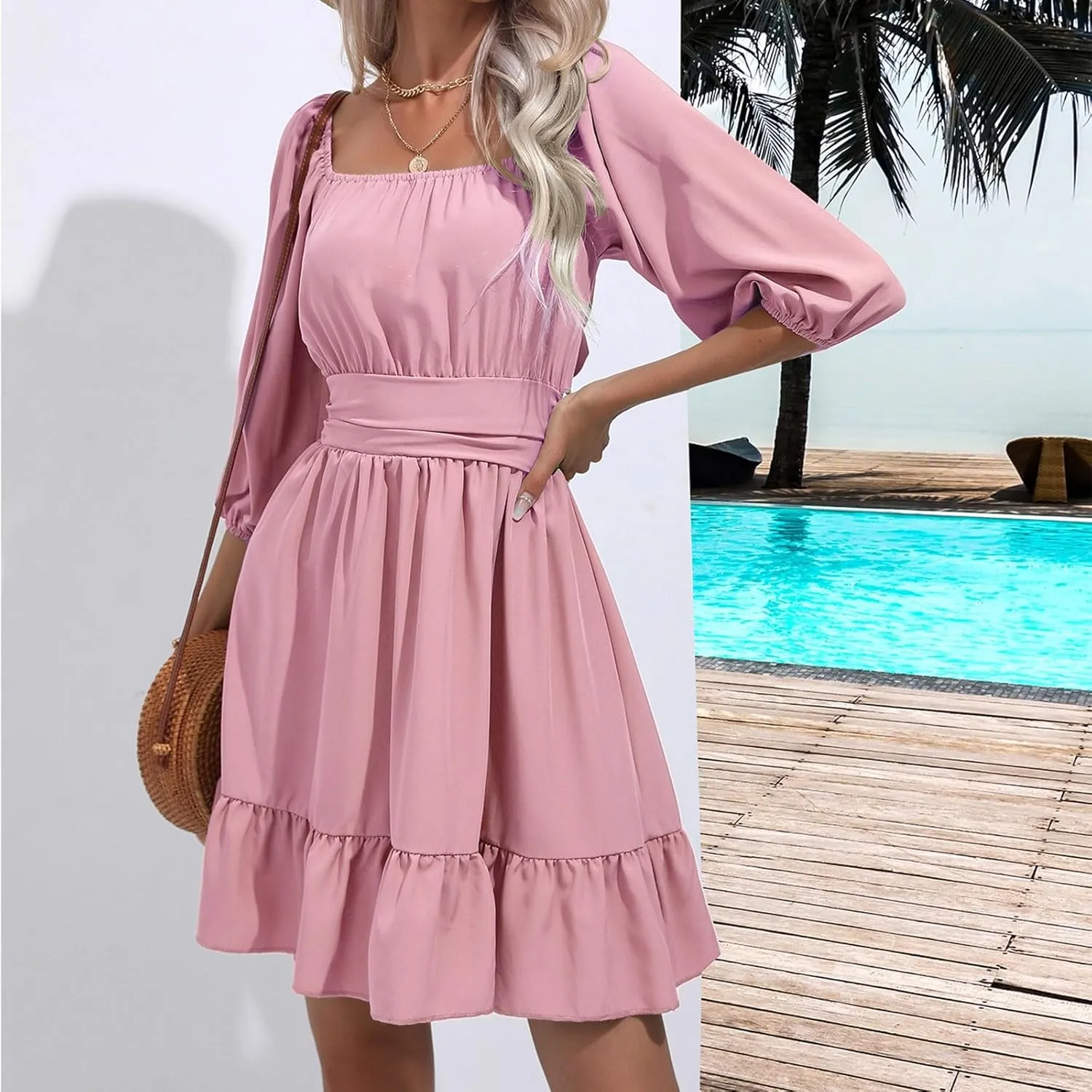 Women's Backless Bow Tie Mini Dress 2025 Summer Boho Short Sleeve Square Neck Sundress Ruffle Casual Beach Dresses