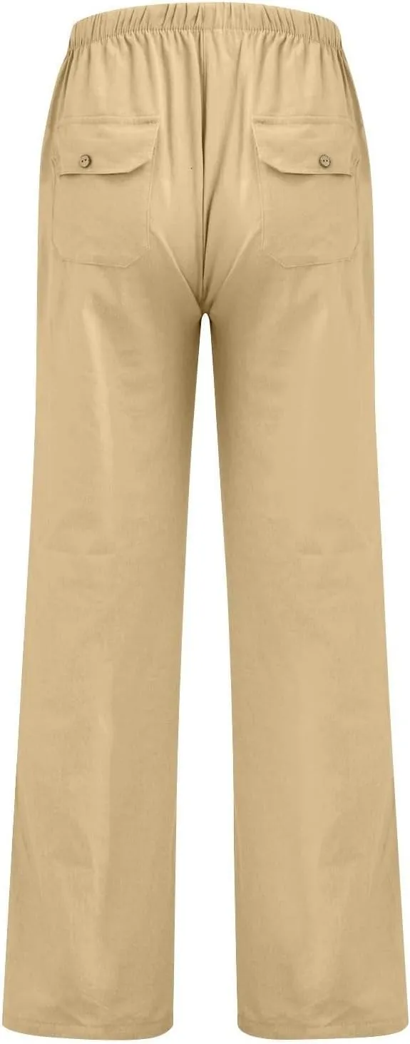 Women's Baggy Casual Cotton Linen Pants Trendy Summer Parachute Pant Loose Fit Straight Leg Trousers with Pockets