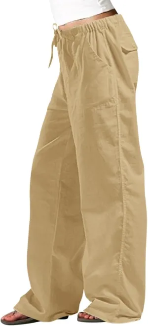 Women's Baggy Casual Cotton Linen Pants Trendy Summer Parachute Pant Loose Fit Straight Leg Trousers with Pockets