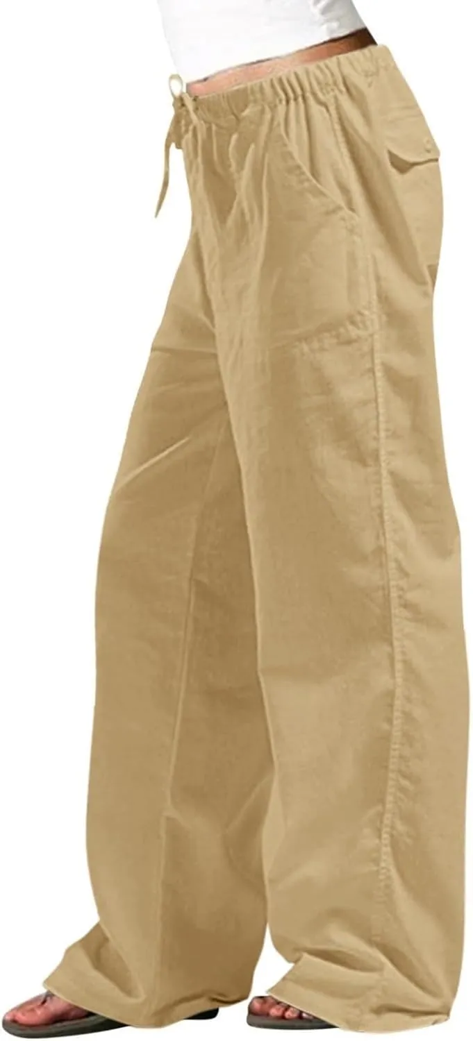 Women's Baggy Casual Cotton Linen Pants Trendy Summer Parachute Pant Loose Fit Straight Leg Trousers with Pockets