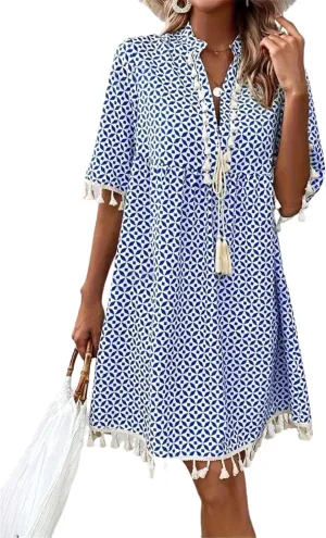 Women's Blue Geometric Print A Line Mini Dress Casual Short Sleeve Tassel Trim 2025 Summer Vacation Beach Sun Dress