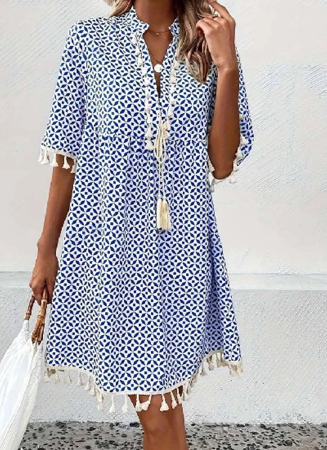 Women's Blue Geometric Print A Line Mini Dress Casual Short Sleeve Tassel Trim 2025 Summer Vacation Beach Sun Dress