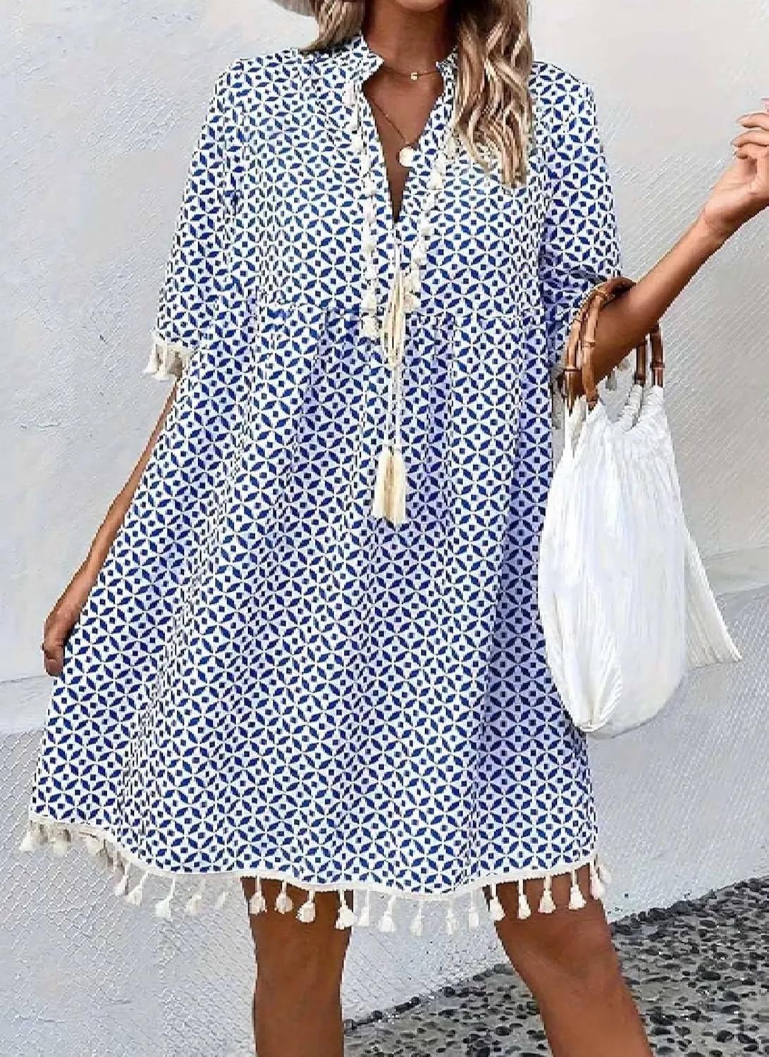 Women's Blue Geometric Print A Line Mini Dress Casual Short Sleeve Tassel Trim 2025 Summer Vacation Beach Sun Dress