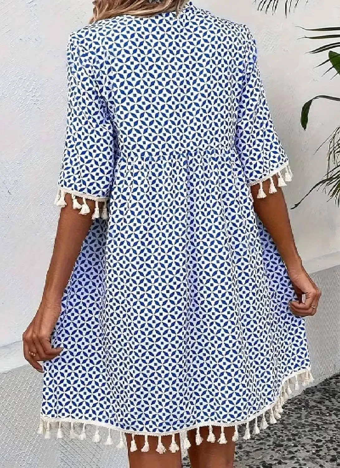 Women's Blue Geometric Print A Line Mini Dress Casual Short Sleeve Tassel Trim 2025 Summer Vacation Beach Sun Dress