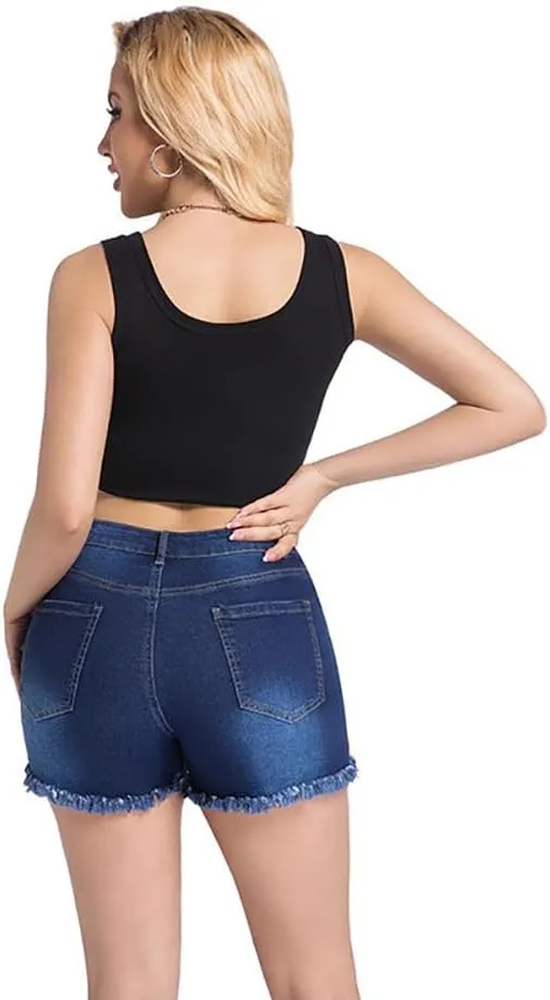 Womens Blue Ripped Denim Jean Shorts Frayed Denim Shorts for Summer