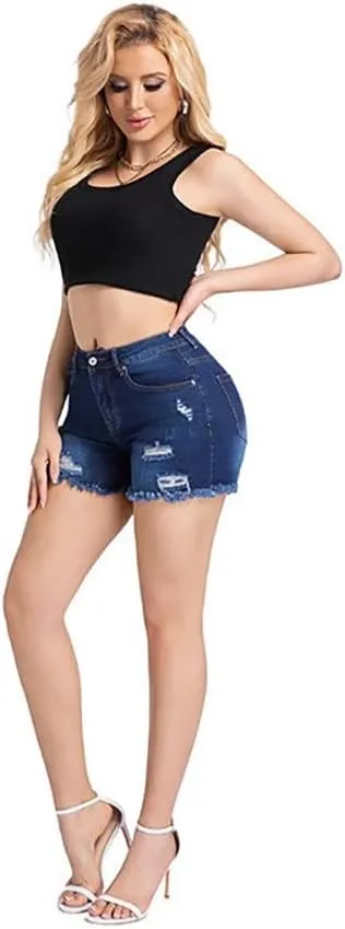 Womens Blue Ripped Denim Jean Shorts Frayed Denim Shorts for Summer