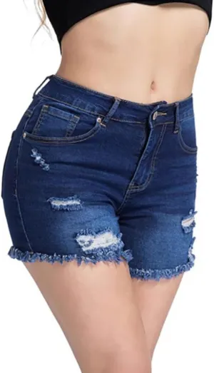 Womens Blue Ripped Denim Jean Shorts Frayed Denim Shorts for Summer