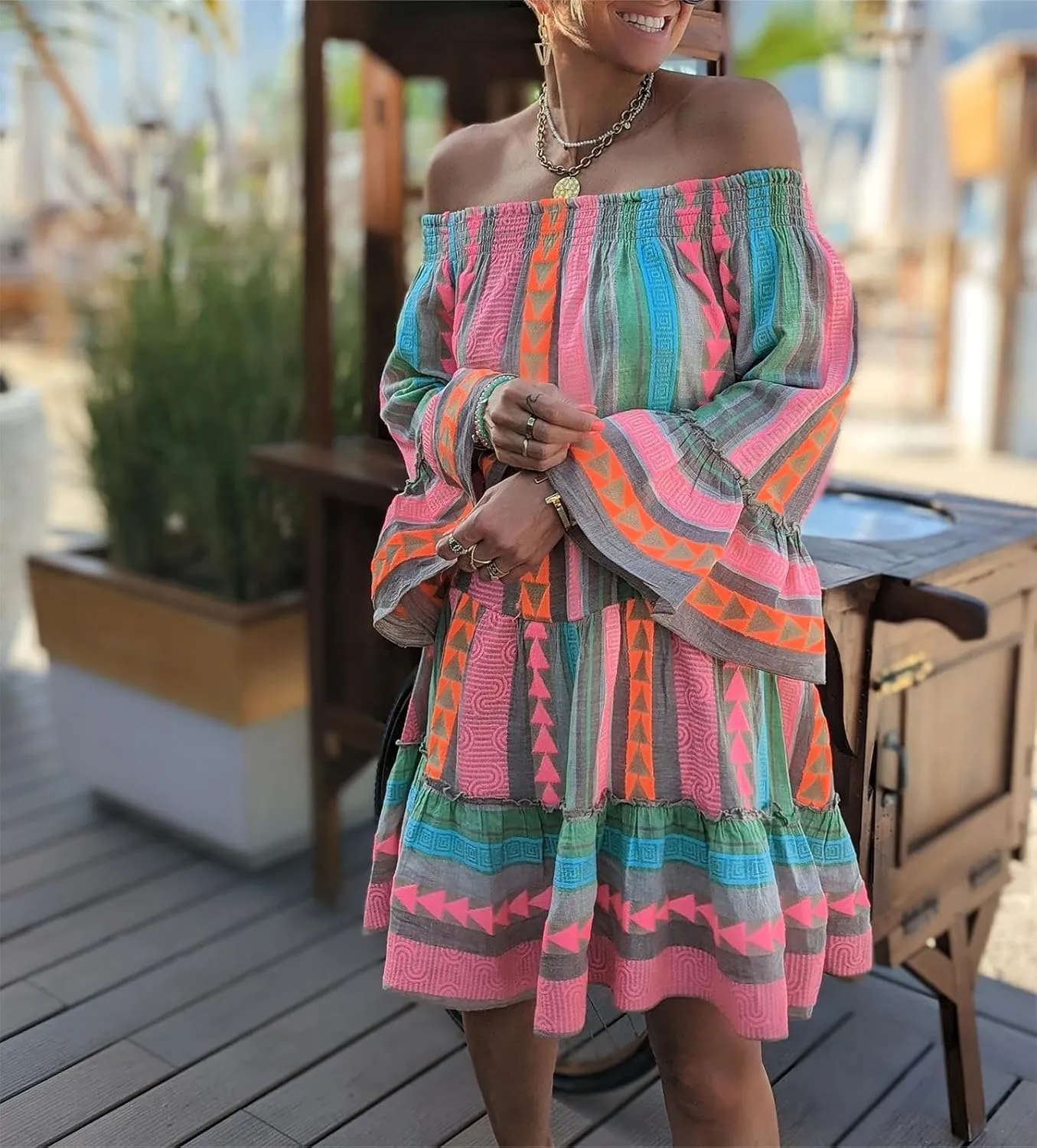Womens Boho Floral Off Shoulder Dress Casual Long Sleeve Geometric Print Loose Flowy Beach Vacation Knee Length Dress