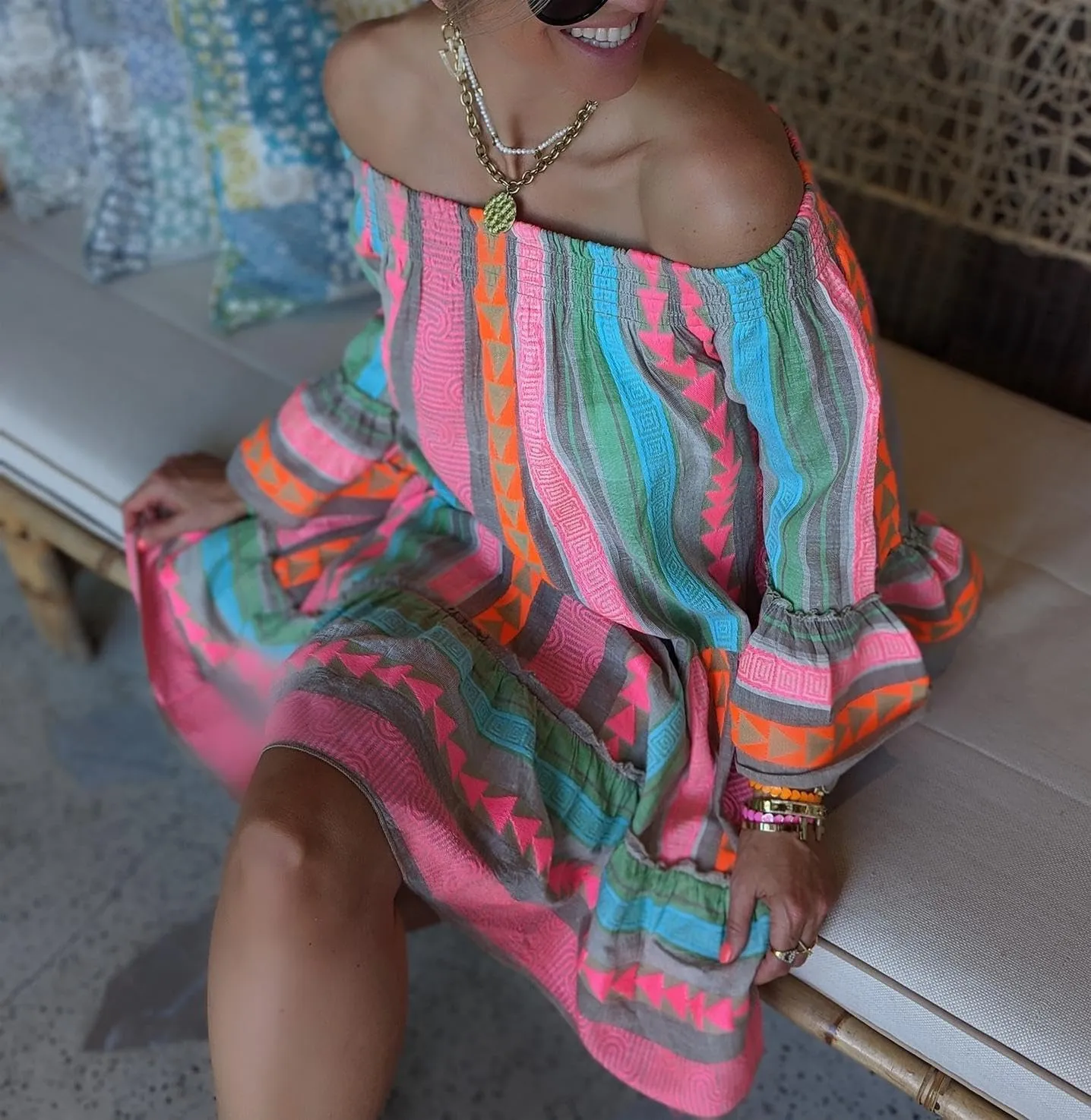 Womens Boho Floral Off Shoulder Dress Casual Long Sleeve Geometric Print Loose Flowy Beach Vacation Knee Length Dress