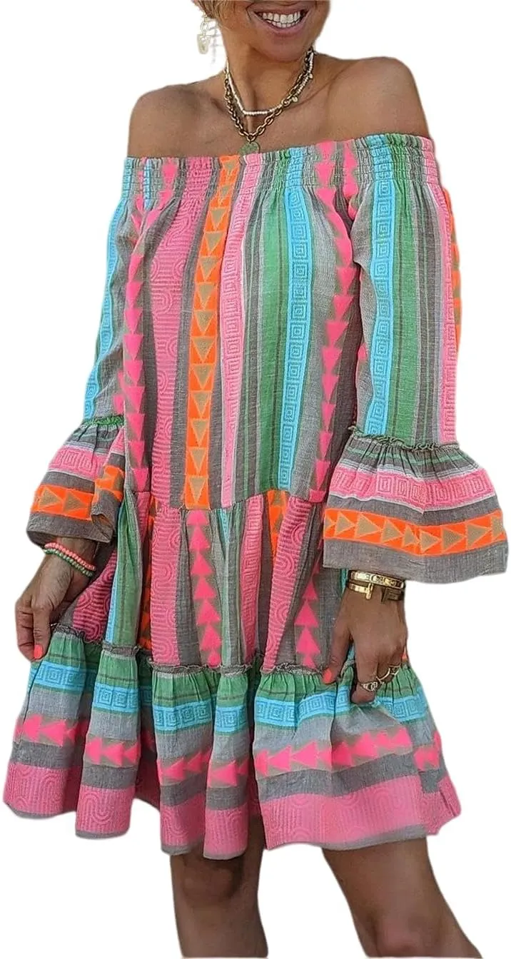 Womens Boho Floral Off Shoulder Dress Casual Long Sleeve Geometric Print Loose Flowy Beach Vacation Knee Length Dress