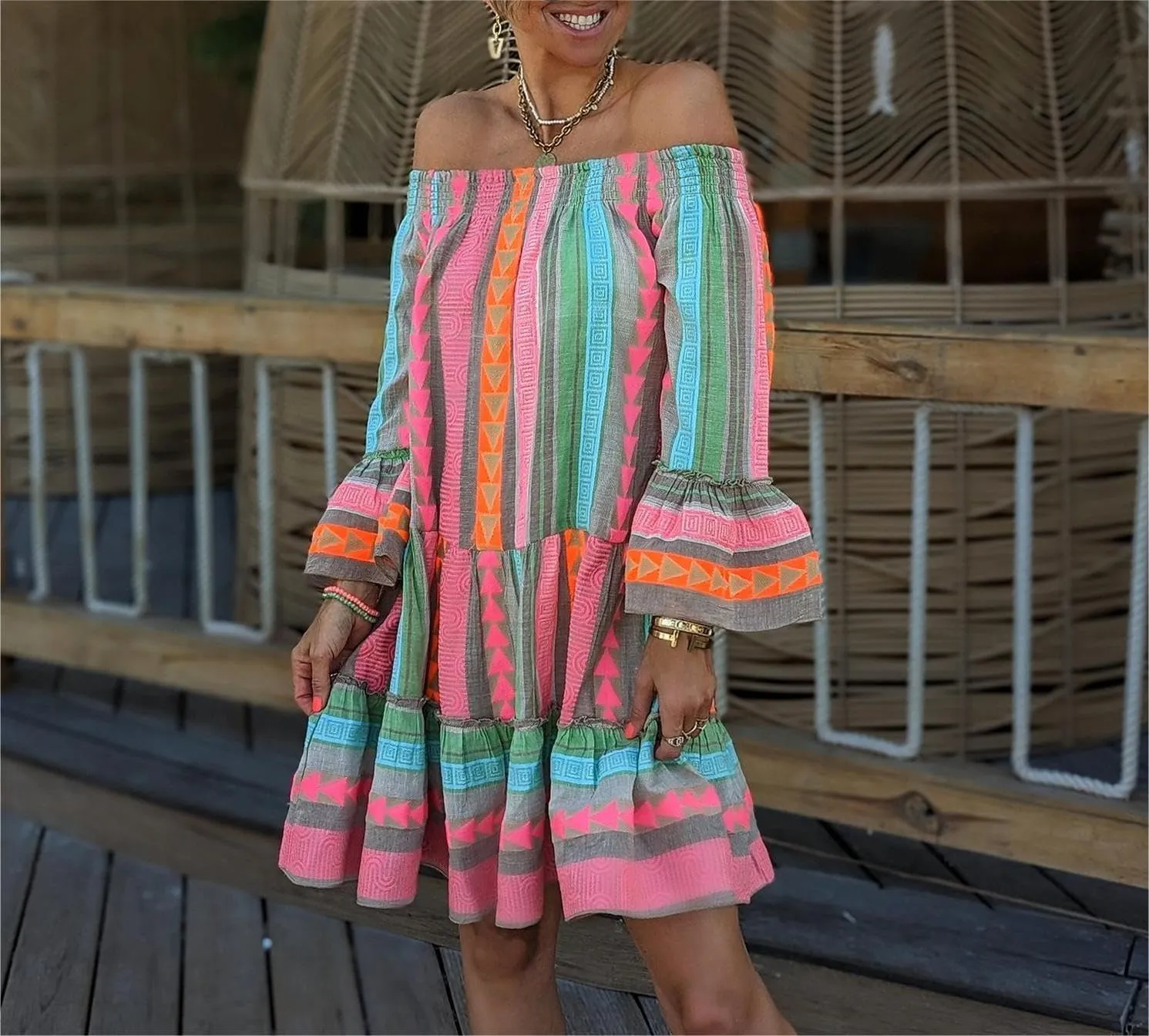 Womens Boho Floral Off Shoulder Dress Casual Long Sleeve Geometric Print Loose Flowy Beach Vacation Knee Length Dress
