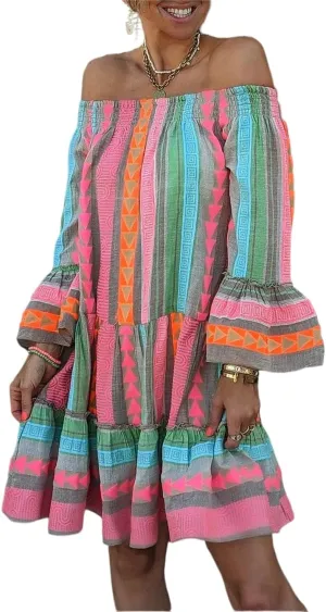 Womens Boho Floral Off Shoulder Dress Casual Long Sleeve Geometric Print Loose Flowy Beach Vacation Knee Length Dress