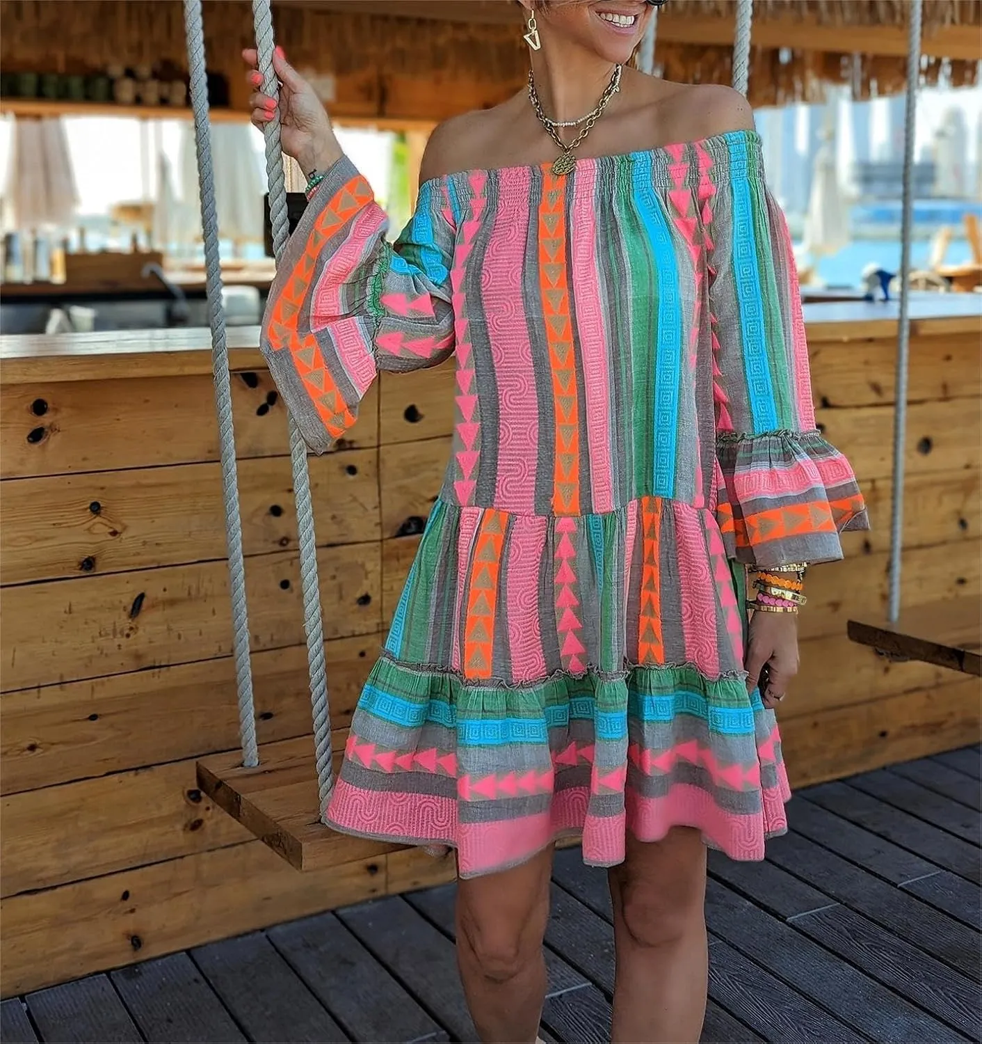 Womens Boho Floral Off Shoulder Dress Casual Long Sleeve Geometric Print Loose Flowy Beach Vacation Knee Length Dress