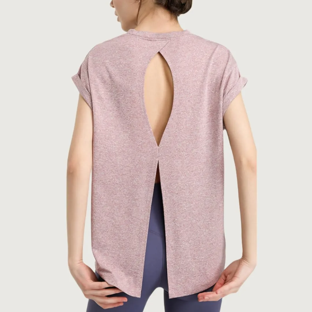 Women's Breathable Workout T-Shirt Backless Yoga Top,Quick-Dry Running Shirt with Curved Hem,S-XL