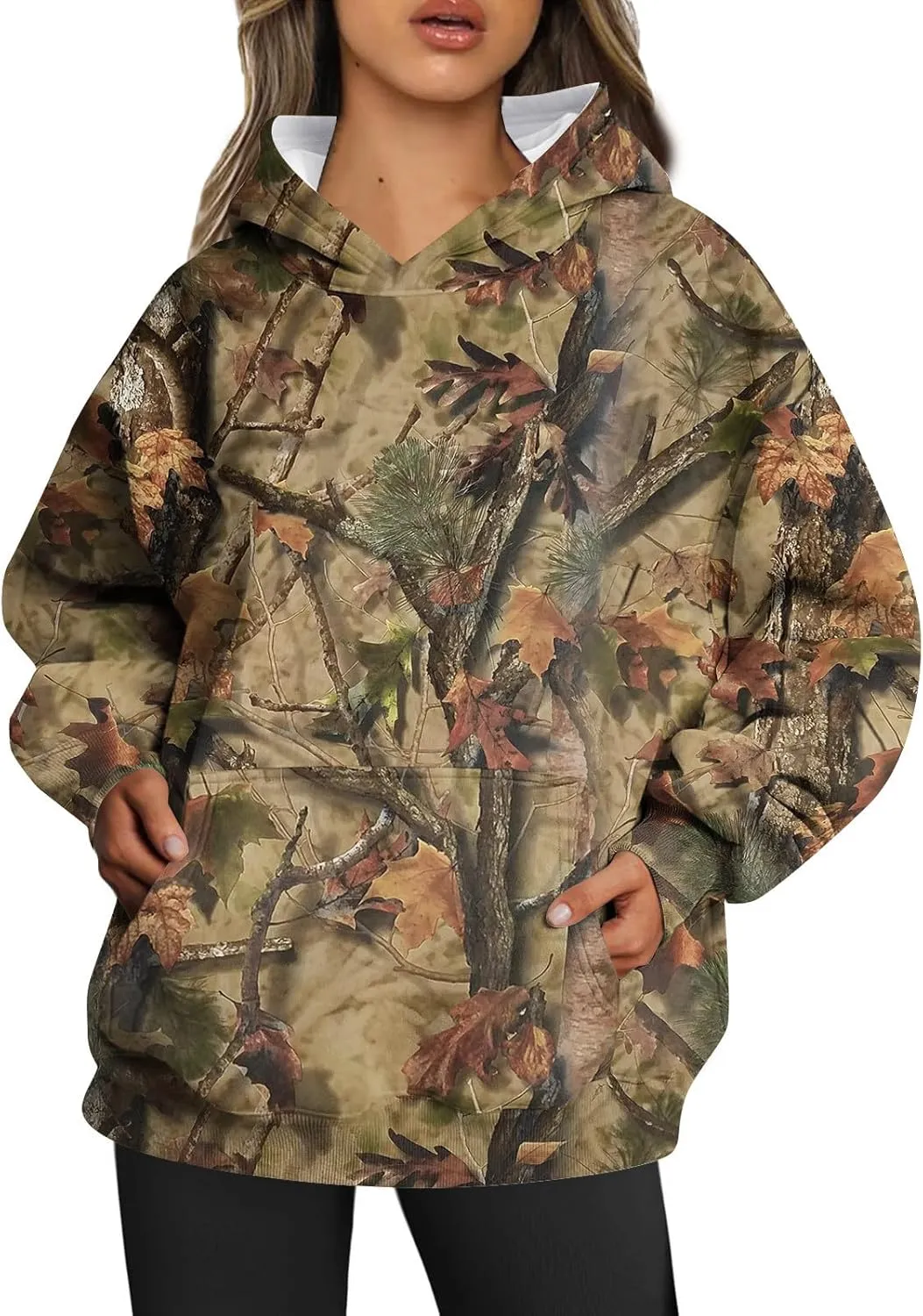 Womens Camo Hoodies Long Sleeve Pullover Fleece Oversized Sweaters Casual Sweatshirt for Teen Girls Tops with PocketW9