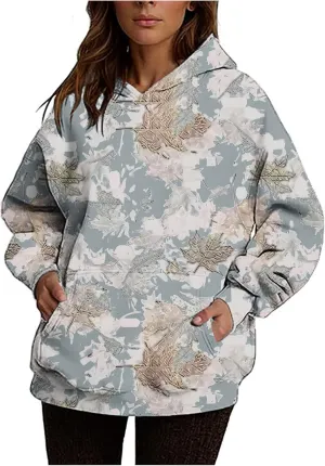 Womens Camo Hoodies Maple Leaf Print Fleece Pullover Oversized Sweatshirts Long Sleeve Sweater Tops with Pockets