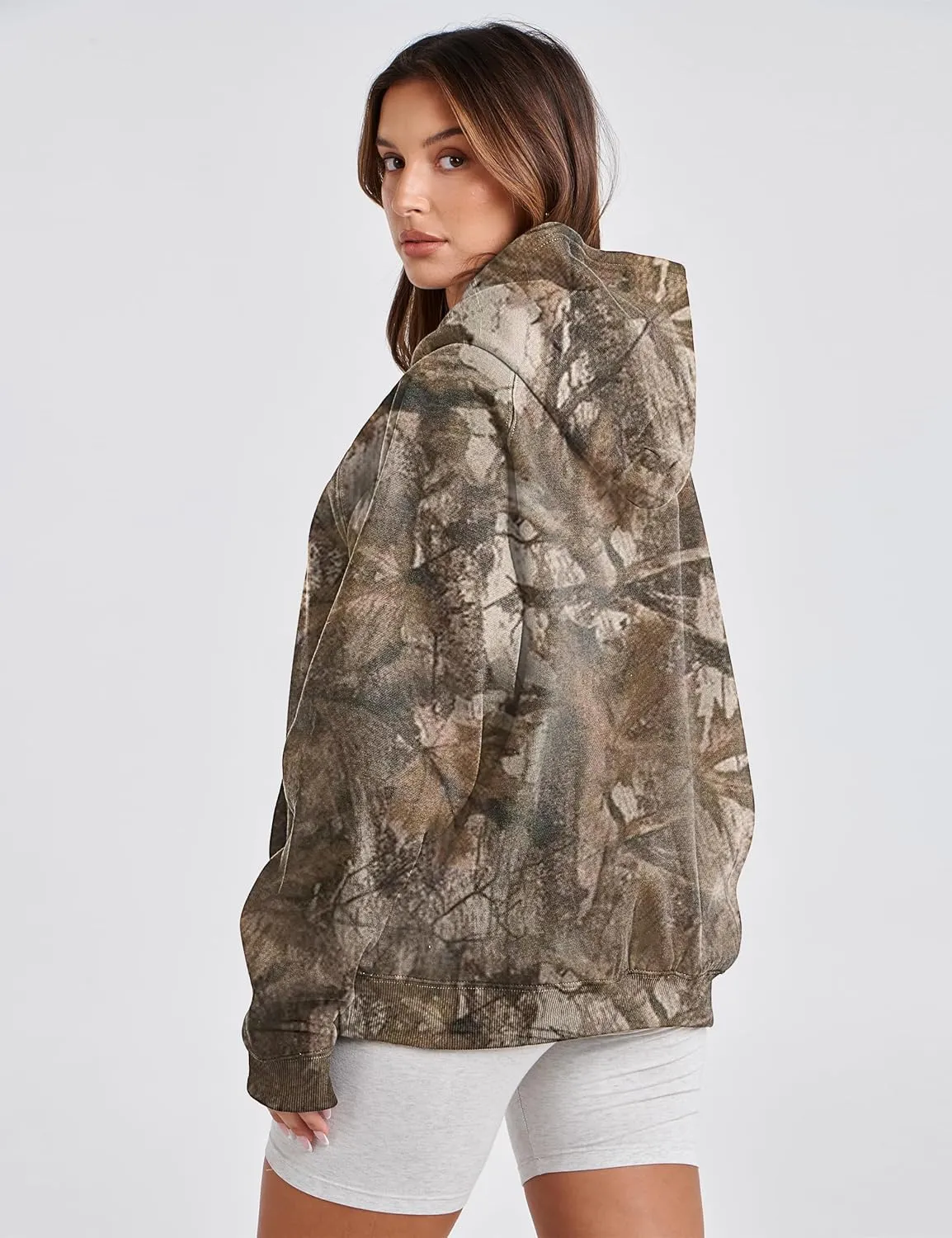 Womens Camo Hoodies Maple Leaf Print Oversized Hooded Sweatshirt Long Sleeve Camouflage Graphic Pullover Sweatshirt