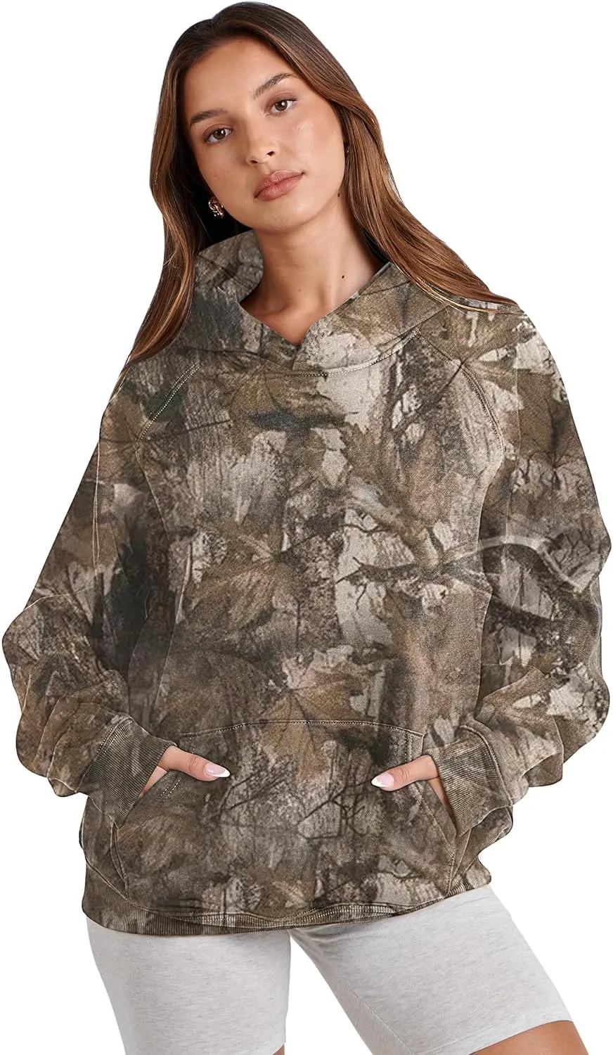 Womens Camo Hoodies Maple Leaf Print Oversized Hooded Sweatshirt Long Sleeve Camouflage Graphic Pullover Sweatshirt