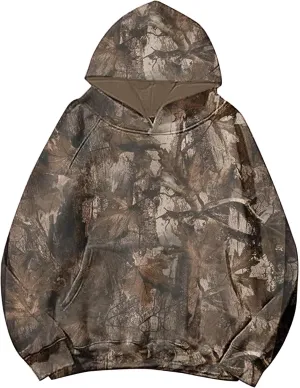 Womens Camo Hoodies Maple Leaf Print Oversized Hooded Sweatshirt Long Sleeve Camouflage Graphic Pullover Sweatshirt