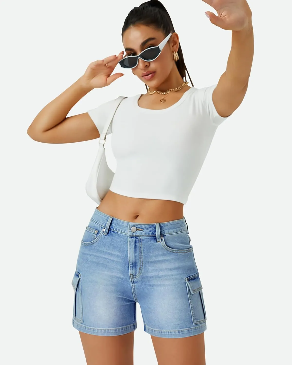 Womens Cargo Jean Shorts High Waisted Microelastic Straight Leg Long Denim Mom Shorts