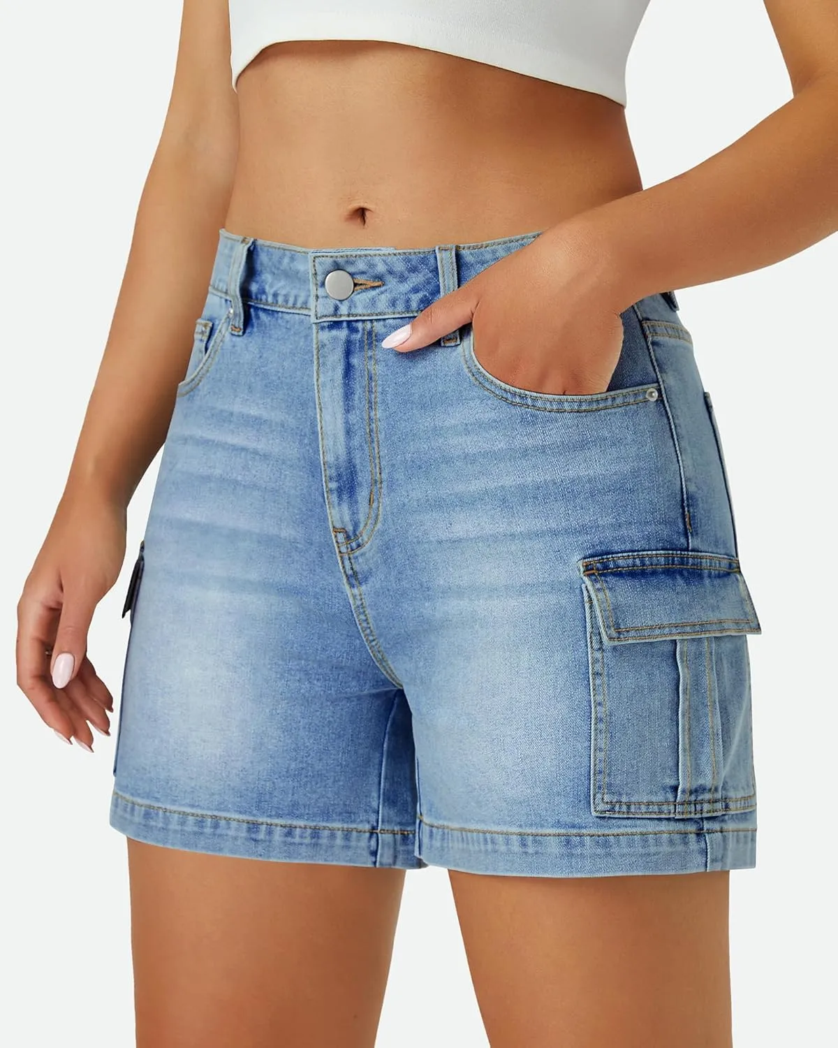 Womens Cargo Jean Shorts High Waisted Microelastic Straight Leg Long Denim Mom Shorts