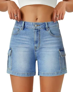 Womens Cargo Jean Shorts High Waisted Microelastic Straight Leg Long Denim Mom Shorts