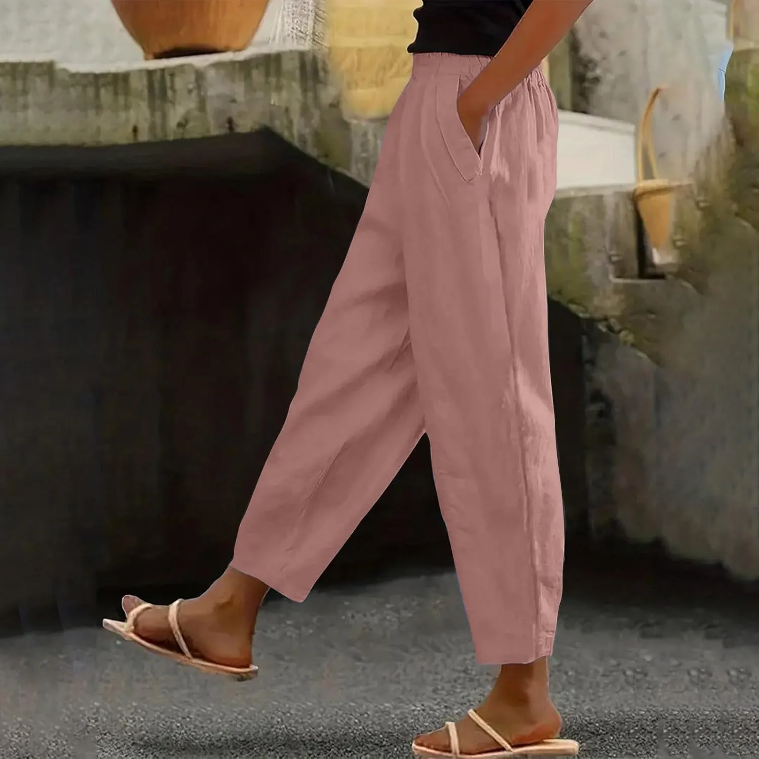 Women's Casual Cotton Linen Pants 2025 Summer Casual Straight Leg Trousers Wide Leg Loose Fit Long Pants with