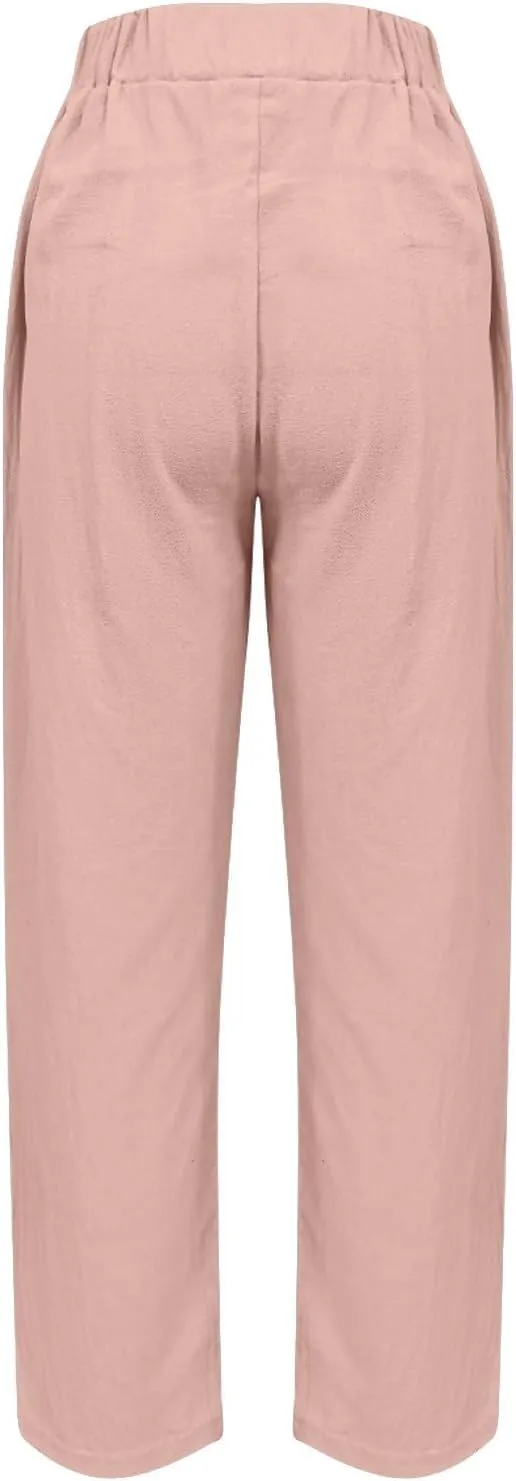 Women's Casual Cotton Linen Pants 2025 Summer Casual Straight Leg Trousers Wide Leg Loose Fit Long Pants with