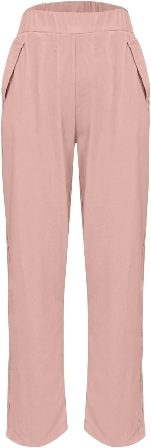 Women's Casual Cotton Linen Pants 2025 Summer Casual Straight Leg Trousers Wide Leg Loose Fit Long Pants with