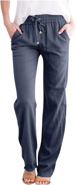 Women's Casual Cotton Linen Pants Summer Relax Fit Elastic Waist Straight Leg Comfy Solid Color Lounge Long Trouser
