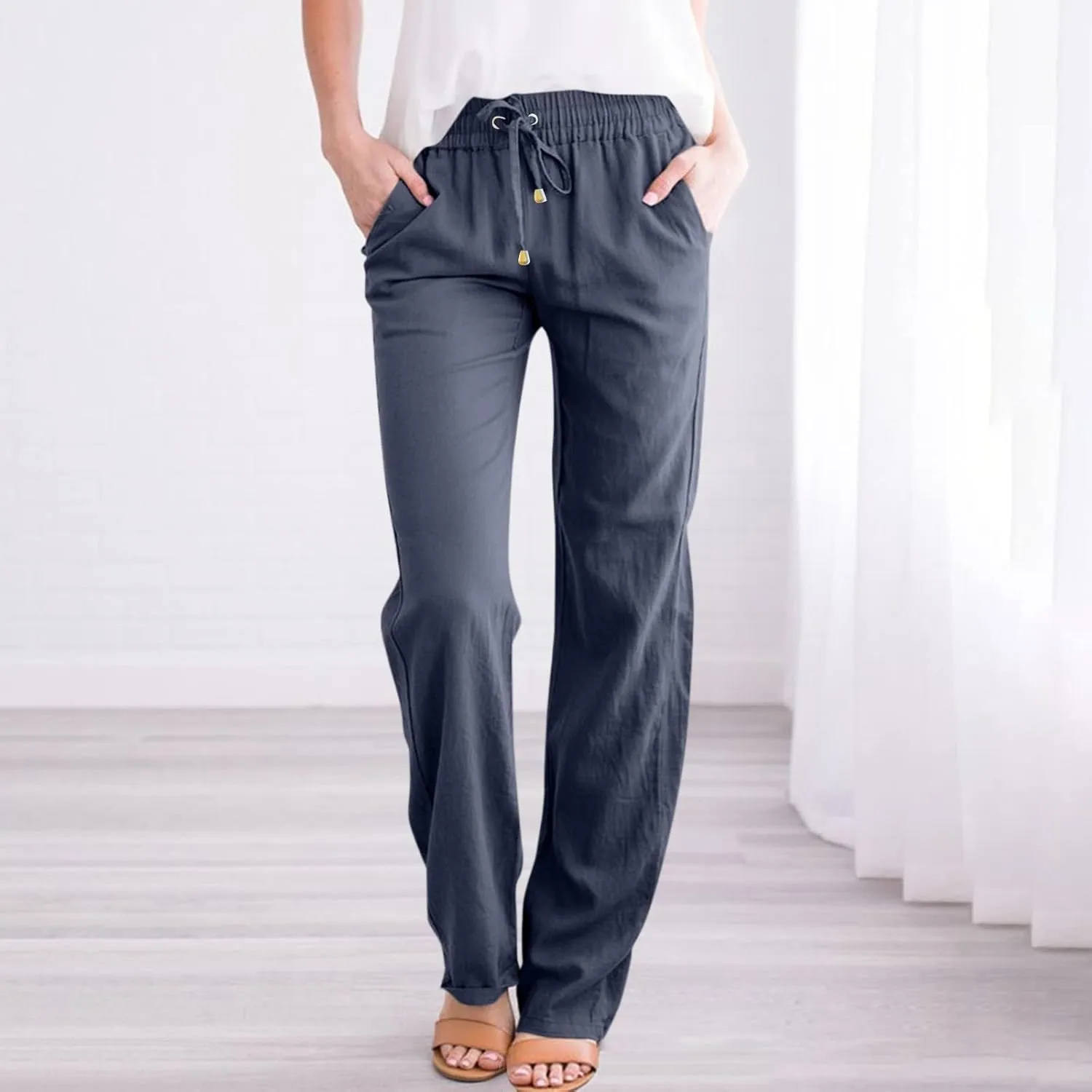 Women's Casual Cotton Linen Pants Summer Relax Fit Elastic Waist Straight Leg Comfy Solid Color Lounge Long Trouser