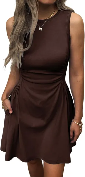 Women's Casual Dress Summer Sleeveless Ruched Waist Elegant Pleated Slim-Fit Mini Dresses with Pockets