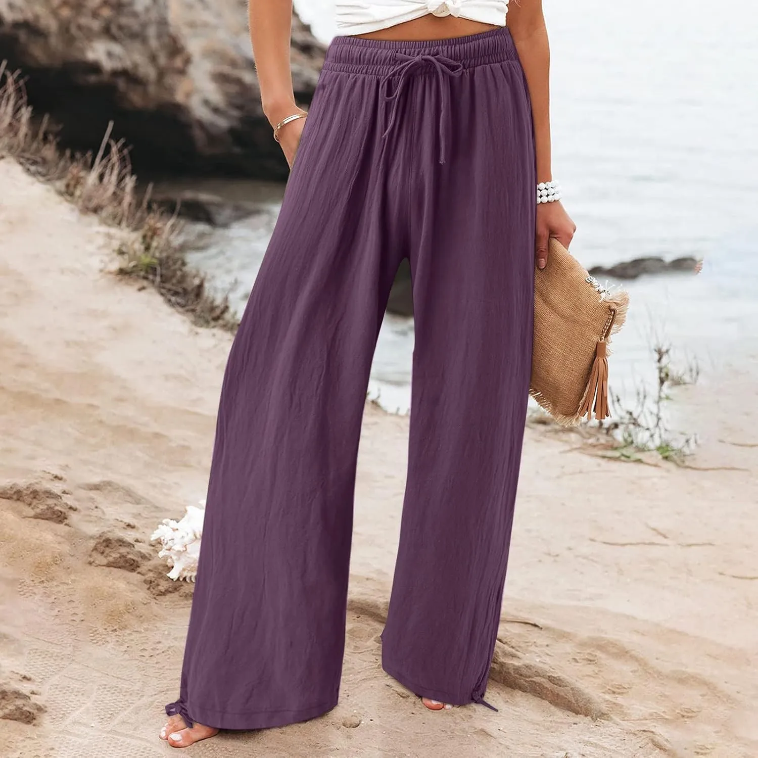 Womens Casual Linen Pants 2025 Lightweight Trendy Summer Relax Fit Elastic Waist Long Palazzo Trousers Plus Size