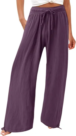 Womens Casual Linen Pants 2025 Lightweight Trendy Summer Relax Fit Elastic Waist Long Palazzo Trousers Plus Size