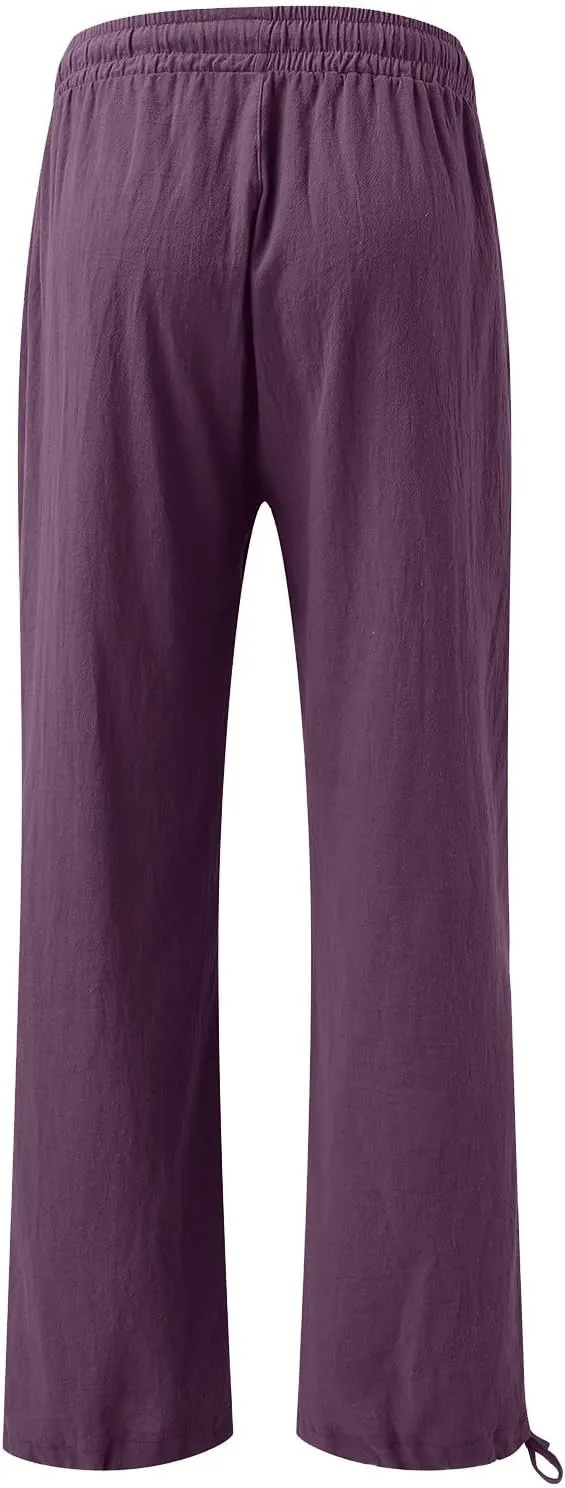Womens Casual Linen Pants 2025 Lightweight Trendy Summer Relax Fit Elastic Waist Long Palazzo Trousers Plus Size
