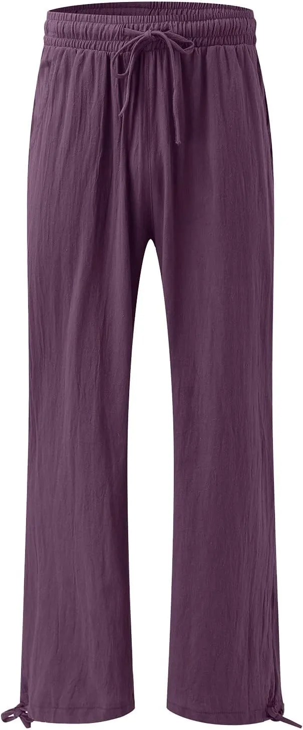 Womens Casual Linen Pants 2025 Lightweight Trendy Summer Relax Fit Elastic Waist Long Palazzo Trousers Plus Size