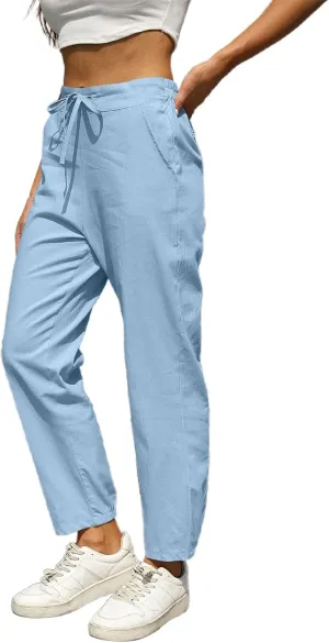 Womens Casual Linen Pants Loose Fit Elastic Waist Drawstring Cotton Trouser Cropped Wide Leg Pants Summer Yoga Pant