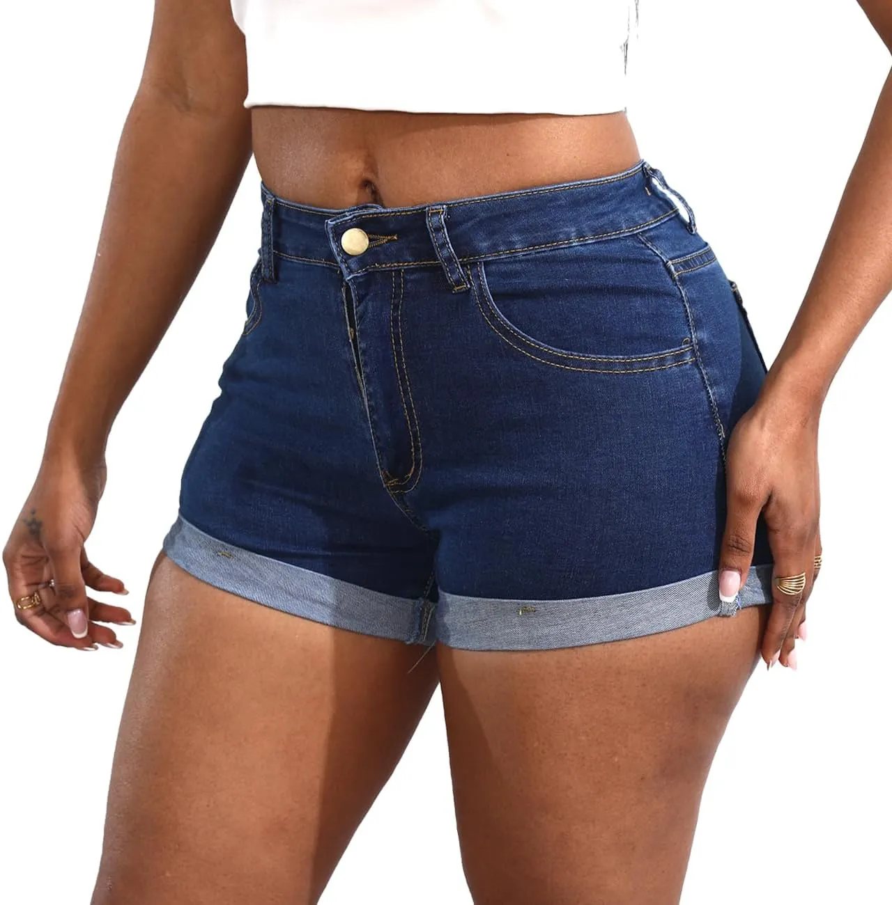 Women's Casual Stretchy Denim Shorts High Waisted Folded Hem Jeans Shorts