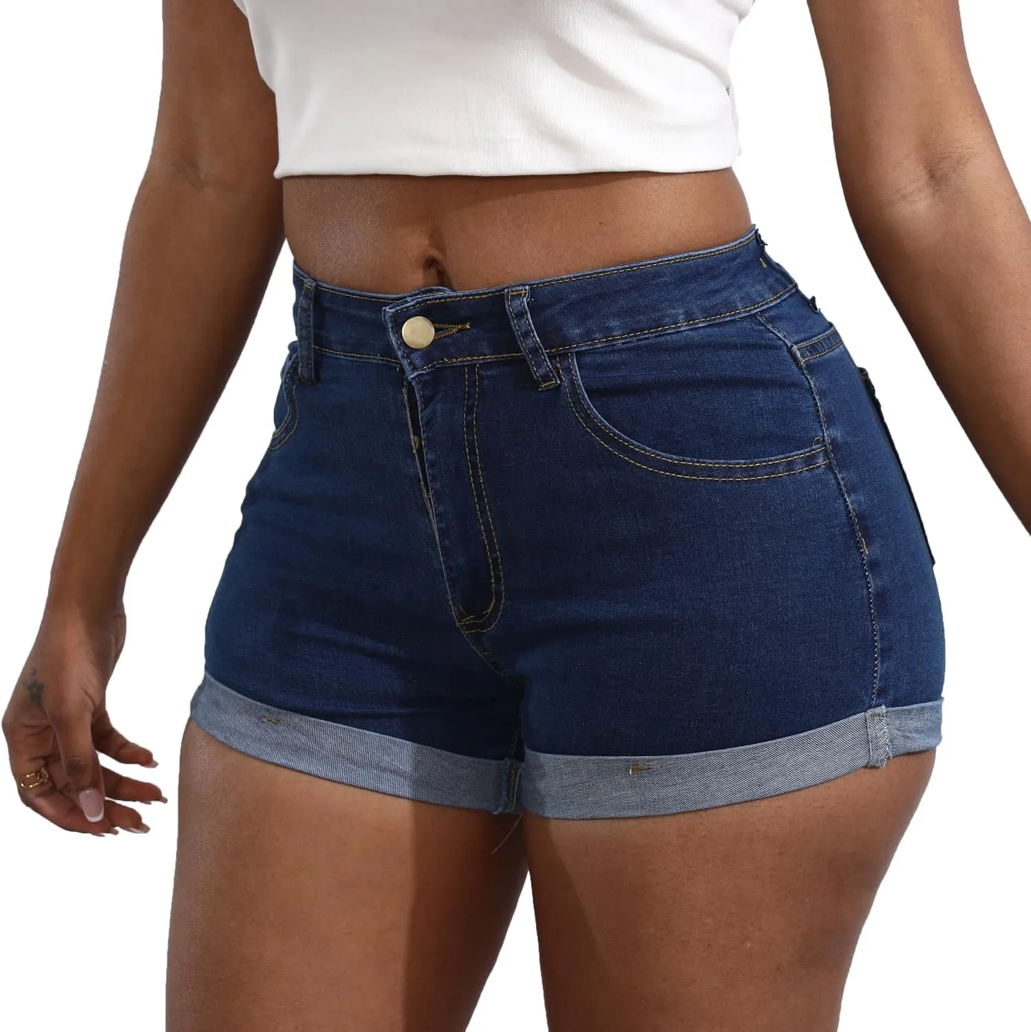Women's Casual Stretchy Denim Shorts High Waisted Folded Hem Jeans Shorts