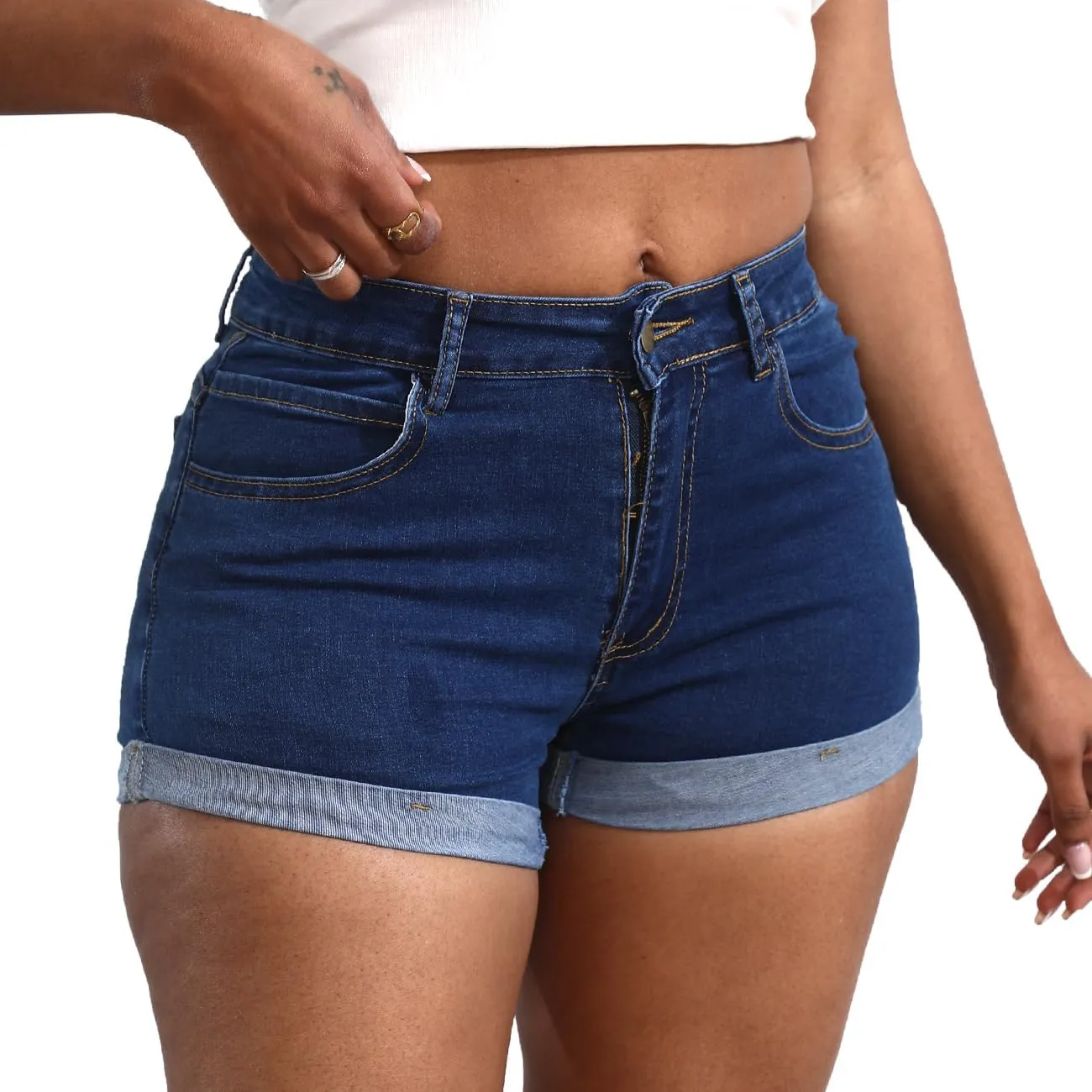 Women's Casual Stretchy Denim Shorts High Waisted Folded Hem Jeans Shorts