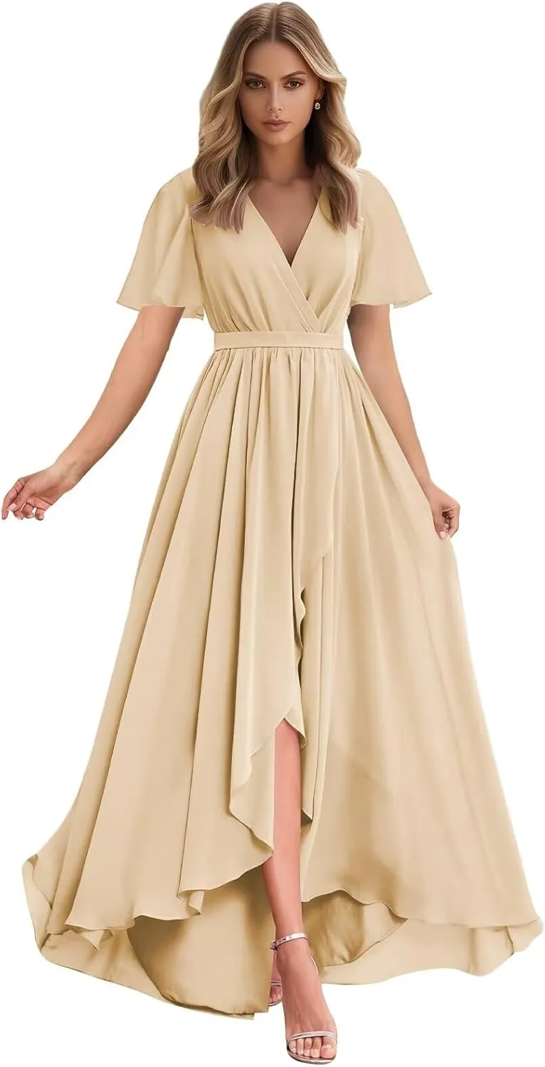 Women's Chiffon High Low Bridesmaid Dresses Ruffle Sleeve V Neck A Line Formal Evening Party Gowns