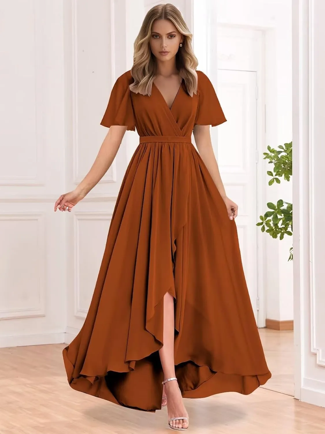 Women's Chiffon High Low Bridesmaid Dresses Ruffle Sleeve V Neck A Line Formal Evening Party Gowns