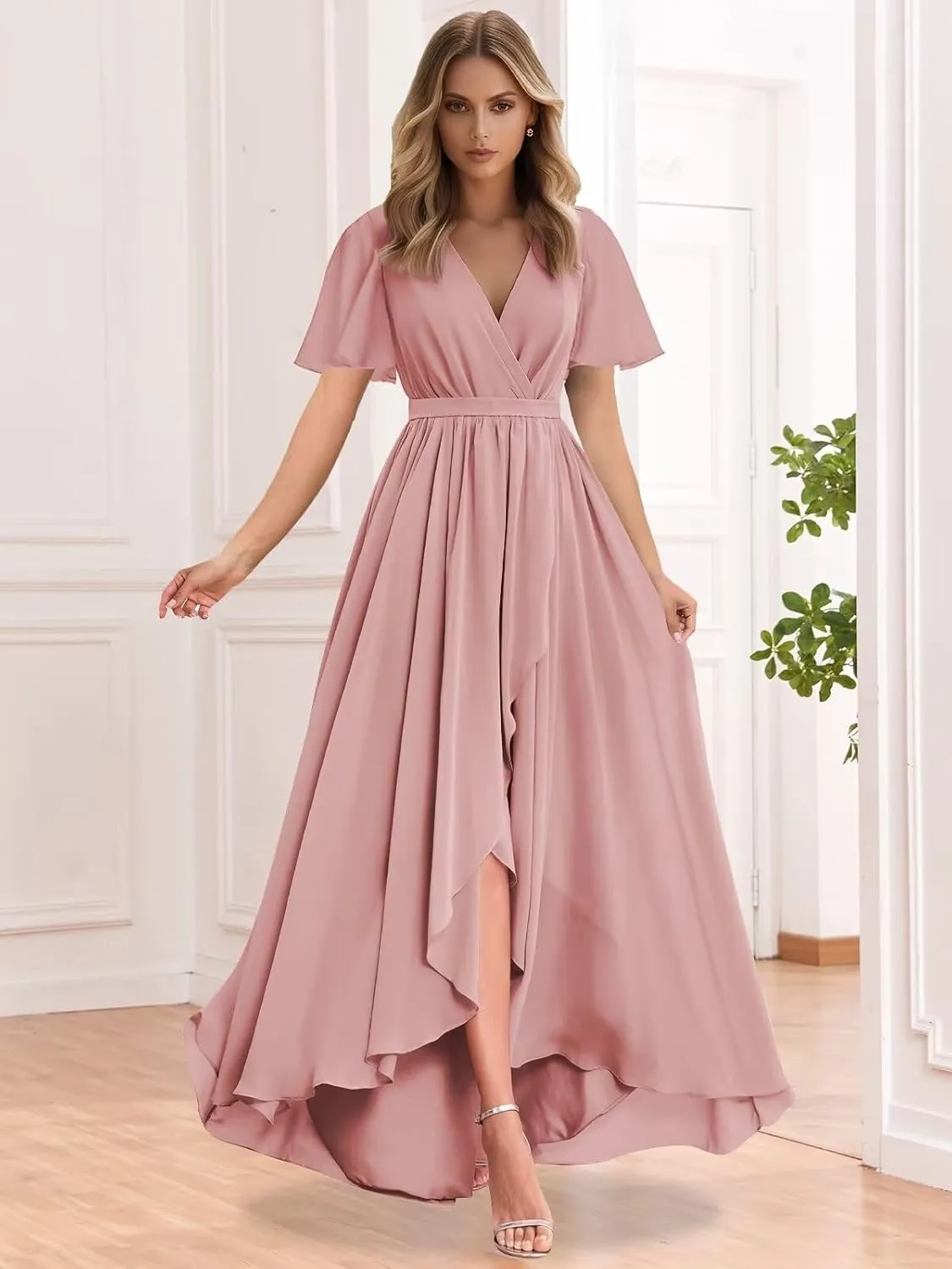 Women's Chiffon High Low Bridesmaid Dresses Ruffle Sleeve V Neck A Line Formal Evening Party Gowns